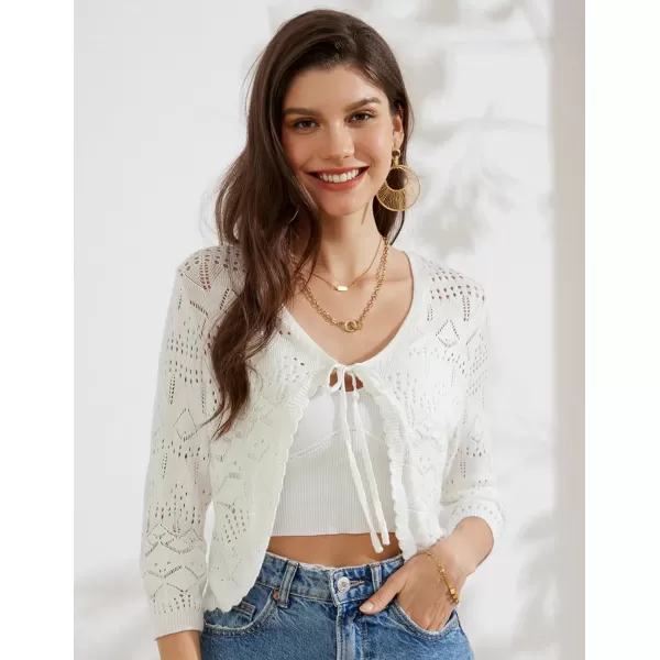 GRACE KARIN Women 34 Sleeve Cropped Shrug Cardigan Tie Front V Neck Crochet Bolero Shrug for Dresses Knit Top 2024 SummerWhite