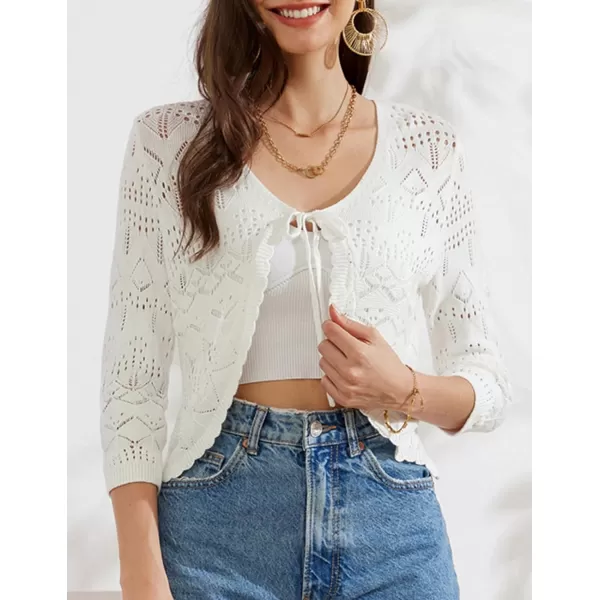 GRACE KARIN Women 34 Sleeve Cropped Shrug Cardigan Tie Front V Neck Crochet Bolero Shrug for Dresses Knit Top 2024 SummerWhite