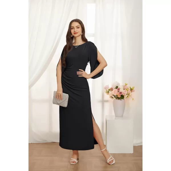 GRACE KARIN Women 34 Sleeve Formal Dress Side Slit Ruched Bodycon Cocktail Party Maxi Long DressesBlack