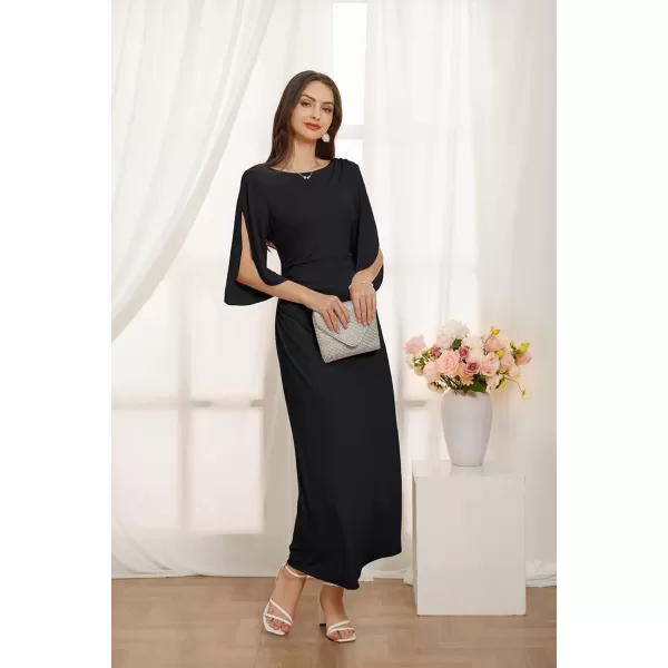 GRACE KARIN Women 34 Sleeve Formal Dress Side Slit Ruched Bodycon Cocktail Party Maxi Long DressesBlack