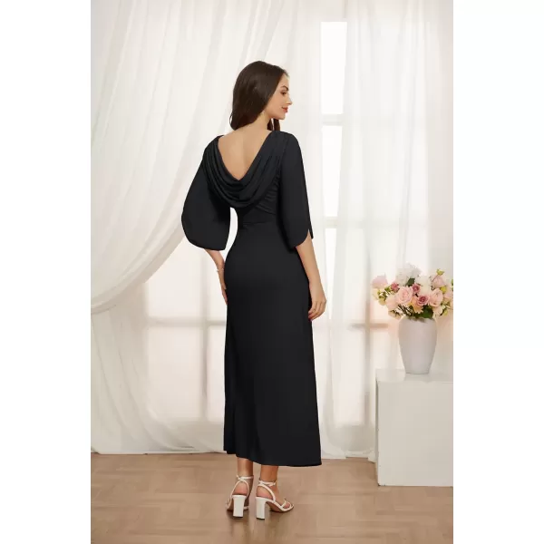 GRACE KARIN Women 34 Sleeve Formal Dress Side Slit Ruched Bodycon Cocktail Party Maxi Long DressesBlack