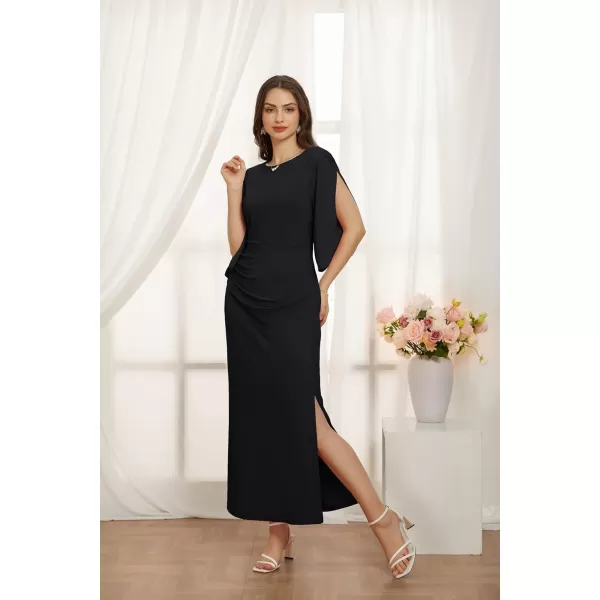 GRACE KARIN Women 34 Sleeve Formal Dress Side Slit Ruched Bodycon Cocktail Party Maxi Long DressesBlack