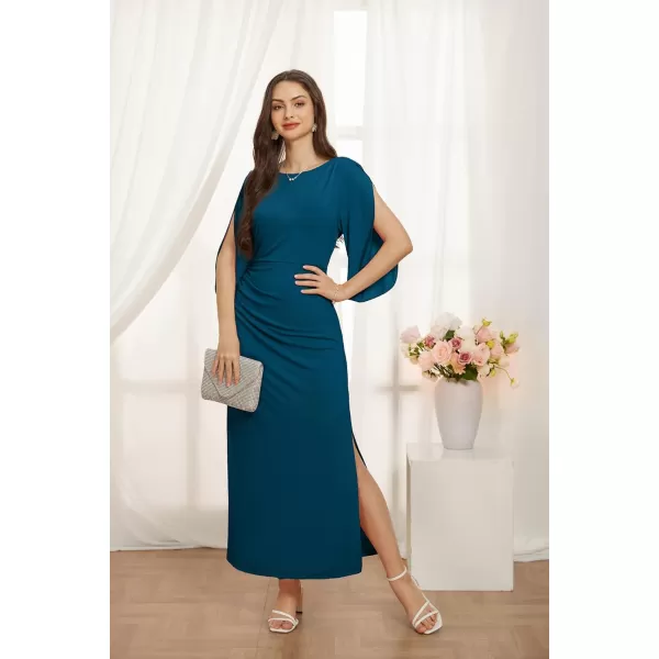 GRACE KARIN Women 34 Sleeve Formal Dress Side Slit Ruched Bodycon Cocktail Party Maxi Long DressesPeacock Blue