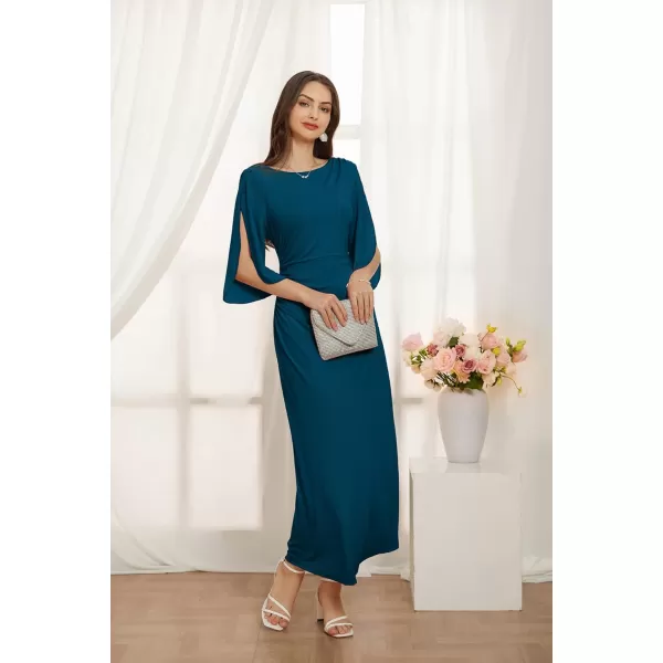 GRACE KARIN Women 34 Sleeve Formal Dress Side Slit Ruched Bodycon Cocktail Party Maxi Long DressesPeacock Blue