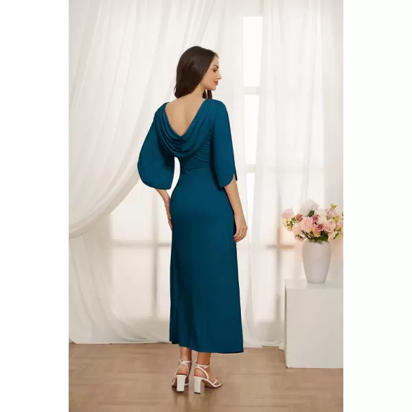 GRACE KARIN Women 34 Sleeve Formal Dress Side Slit Ruched Bodycon Cocktail Party Maxi Long DressesPeacock Blue