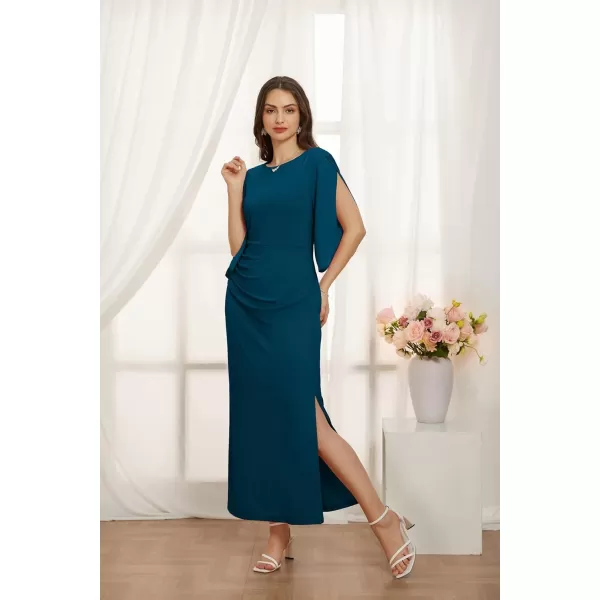 GRACE KARIN Women 34 Sleeve Formal Dress Side Slit Ruched Bodycon Cocktail Party Maxi Long DressesPeacock Blue