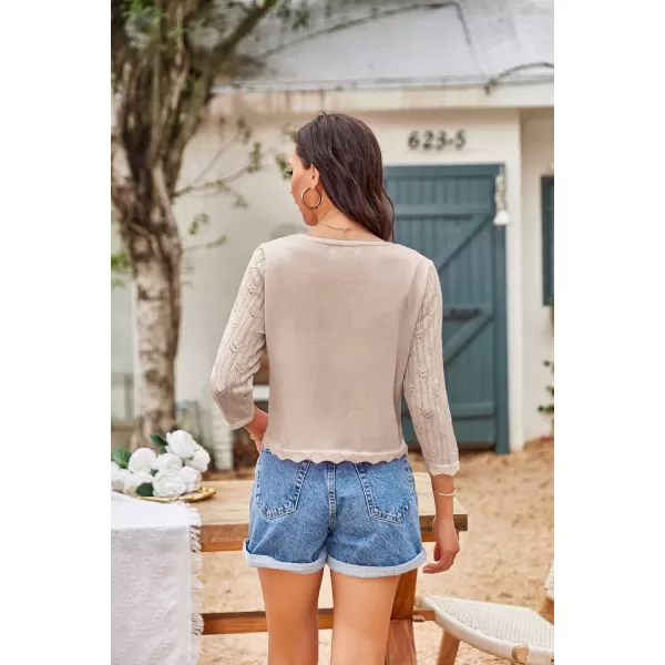 GRACE KARIN Women 34 Sleeve HollowedOut Cropped Cardigan Sweater Open Front Lightweight ShrugsApricot