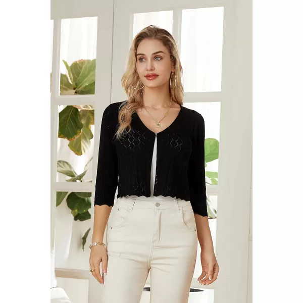 GRACE KARIN Women 34 Sleeve HollowedOut Cropped Cardigan Sweater Open Front Lightweight ShrugsBlack