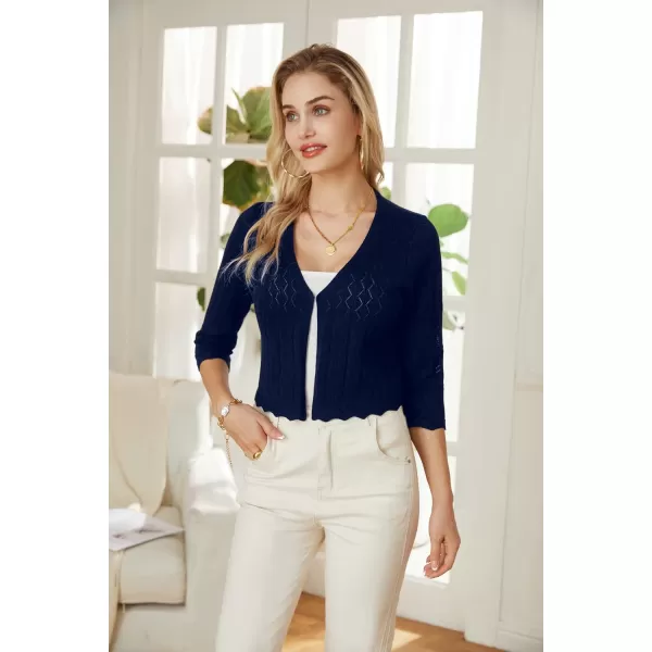 GRACE KARIN Women 34 Sleeve HollowedOut Cropped Cardigan Sweater Open Front Lightweight ShrugsNavy Blue