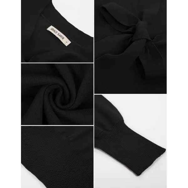 GRACE KARIN Women Bow Knot V Neck Long Sleeve Classic Fit Pullover Sweater Tops Casual Work CocktailBlack