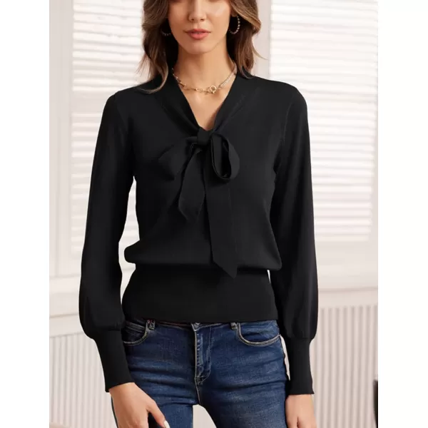 GRACE KARIN Women Bow Knot V Neck Long Sleeve Classic Fit Pullover Sweater Tops Casual Work CocktailBlack