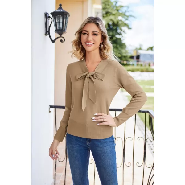 GRACE KARIN Women Bow Knot V Neck Long Sleeve Classic Fit Pullover Sweater Tops Casual Work CocktailDark Apricot