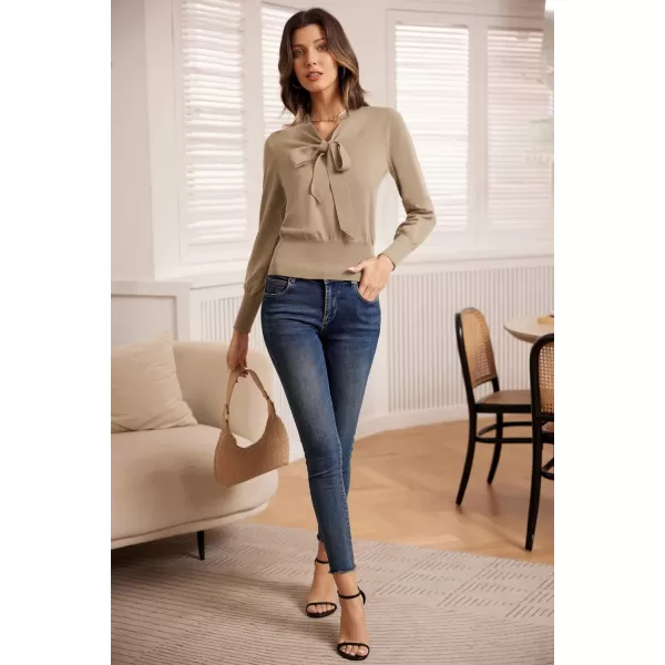 GRACE KARIN Women Bow Knot V Neck Long Sleeve Classic Fit Pullover Sweater Tops Casual Work CocktailDark Apricot