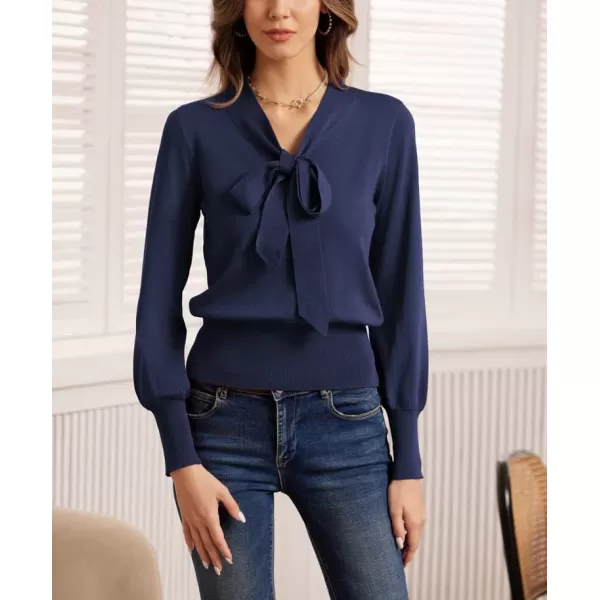 GRACE KARIN Women Bow Knot V Neck Long Sleeve Classic Fit Pullover Sweater Tops Casual Work CocktailDark Blue