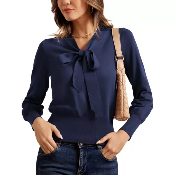 GRACE KARIN Women Bow Knot V Neck Long Sleeve Classic Fit Pullover Sweater Tops Casual Work CocktailDark Blue