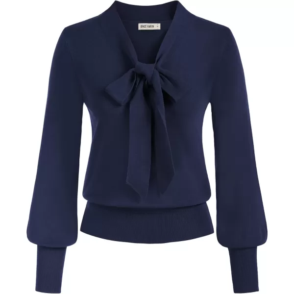 GRACE KARIN Women Bow Knot V Neck Long Sleeve Classic Fit Pullover Sweater Tops Casual Work CocktailDark Blue