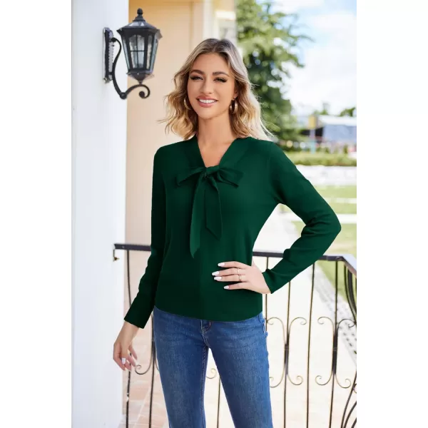 GRACE KARIN Women Bow Knot V Neck Long Sleeve Classic Fit Pullover Sweater Tops Casual Work CocktailDark Green