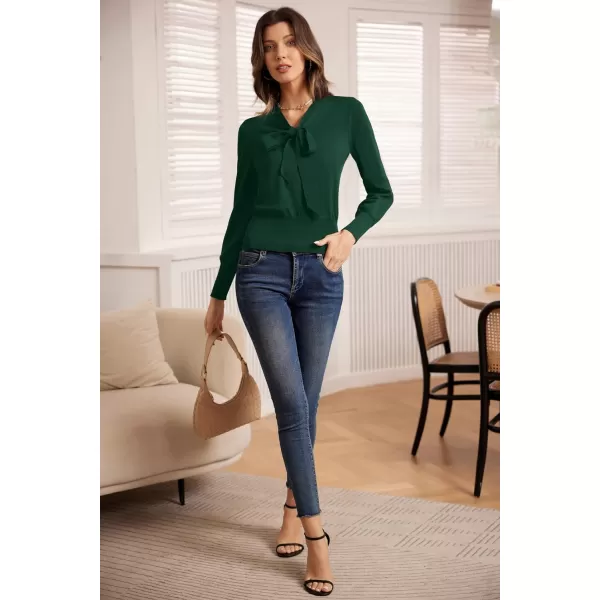 GRACE KARIN Women Bow Knot V Neck Long Sleeve Classic Fit Pullover Sweater Tops Casual Work CocktailDark Green