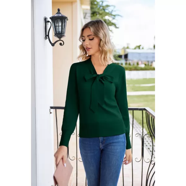 GRACE KARIN Women Bow Knot V Neck Long Sleeve Classic Fit Pullover Sweater Tops Casual Work CocktailDark Green