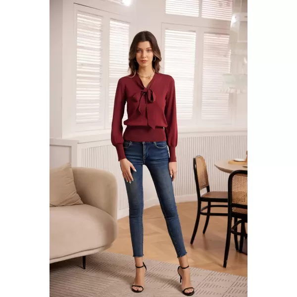 GRACE KARIN Women Bow Knot V Neck Long Sleeve Classic Fit Pullover Sweater Tops Casual Work CocktailDark Red