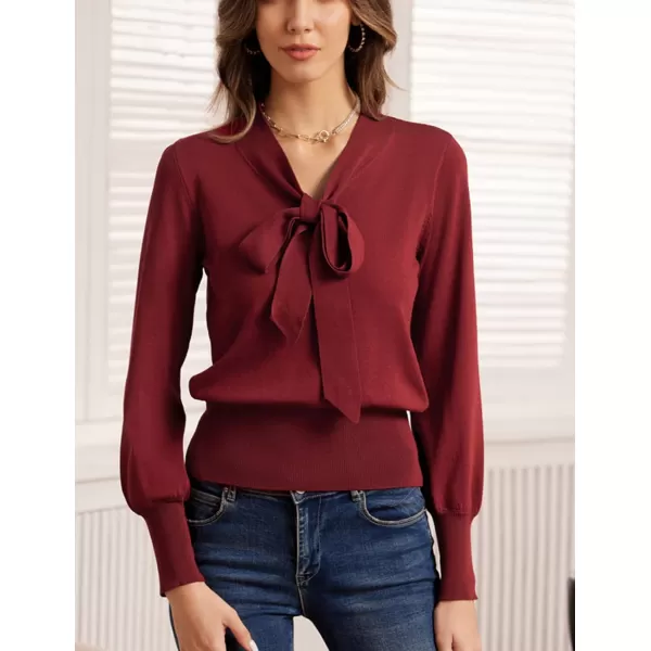 GRACE KARIN Women Bow Knot V Neck Long Sleeve Classic Fit Pullover Sweater Tops Casual Work CocktailDark Red