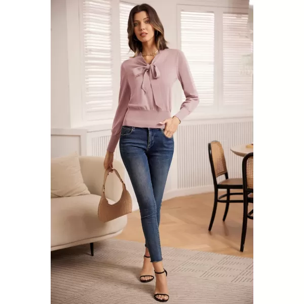 GRACE KARIN Women Bow Knot V Neck Long Sleeve Classic Fit Pullover Sweater Tops Casual Work CocktailPink