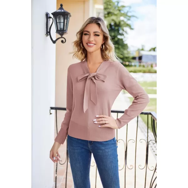 GRACE KARIN Women Bow Knot V Neck Long Sleeve Classic Fit Pullover Sweater Tops Casual Work CocktailPink