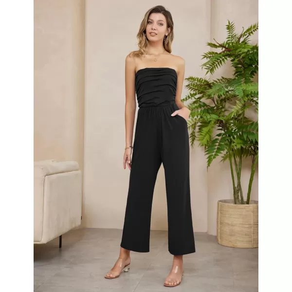 GRACE KARIN Women Casual Square Neck Long Sleeve Wide Leg Jumpsuits with PocketsBlack