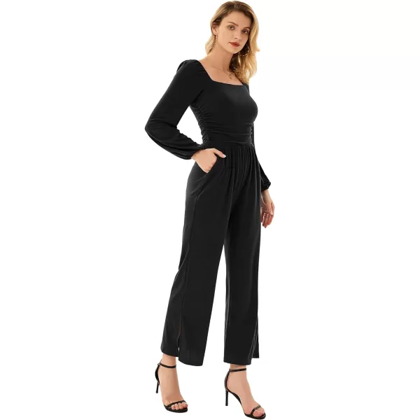 GRACE KARIN Women Casual Square Neck Long Sleeve Wide Leg Jumpsuits with PocketsBlack Long