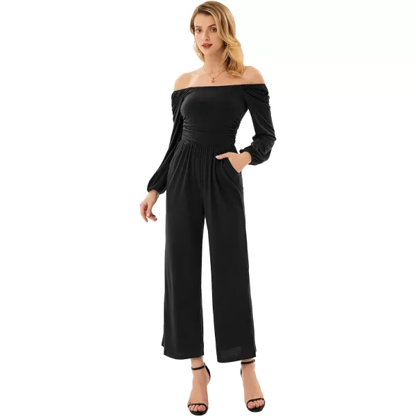 GRACE KARIN Women Casual Square Neck Long Sleeve Wide Leg Jumpsuits with PocketsBlack Long