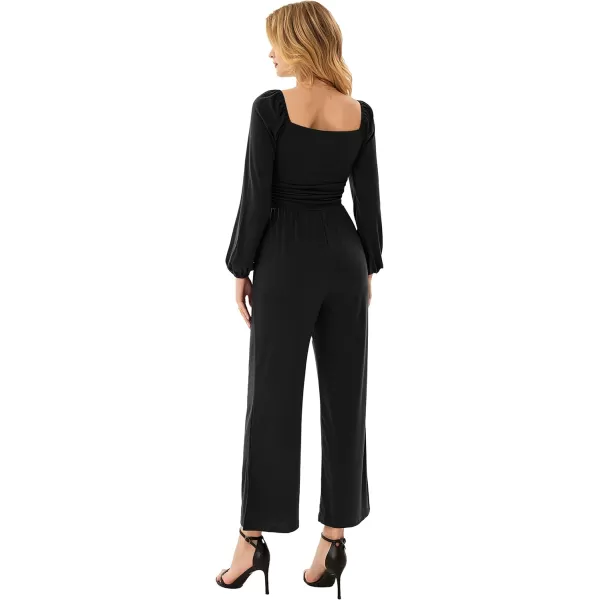 GRACE KARIN Women Casual Square Neck Long Sleeve Wide Leg Jumpsuits with PocketsBlack Long