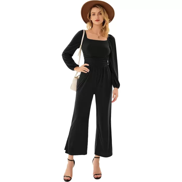 GRACE KARIN Women Casual Square Neck Long Sleeve Wide Leg Jumpsuits with PocketsBlack Long