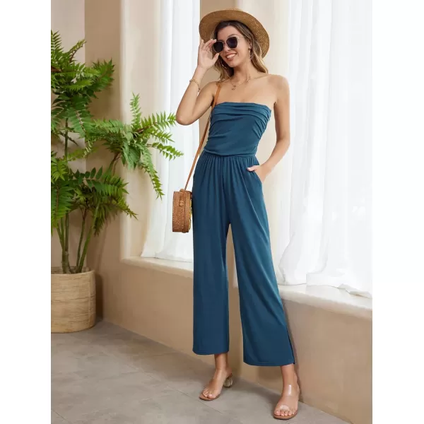 GRACE KARIN Women Casual Square Neck Long Sleeve Wide Leg Jumpsuits with PocketsBlue