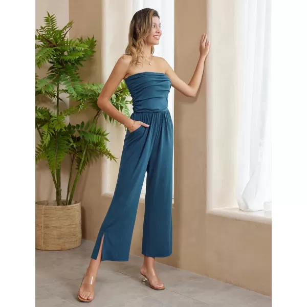 GRACE KARIN Women Casual Square Neck Long Sleeve Wide Leg Jumpsuits with PocketsBlue