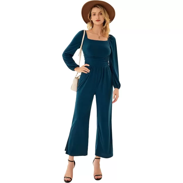 GRACE KARIN Women Casual Square Neck Long Sleeve Wide Leg Jumpsuits with PocketsBlue Long