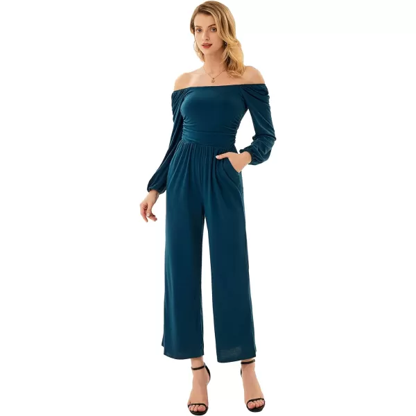 GRACE KARIN Women Casual Square Neck Long Sleeve Wide Leg Jumpsuits with PocketsBlue Long