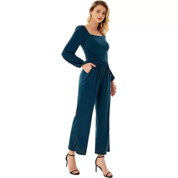 GRACE KARIN Women Casual Square Neck Long Sleeve Wide Leg Jumpsuits with PocketsBlue Long