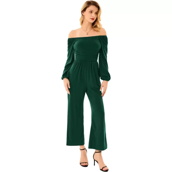 GRACE KARIN Women Casual Square Neck Long Sleeve Wide Leg Jumpsuits with PocketsGreen