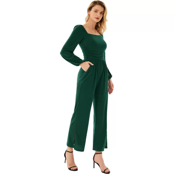 GRACE KARIN Women Casual Square Neck Long Sleeve Wide Leg Jumpsuits with PocketsGreen