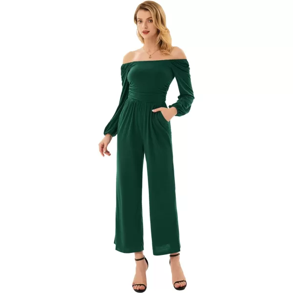 GRACE KARIN Women Casual Square Neck Long Sleeve Wide Leg Jumpsuits with PocketsGreen