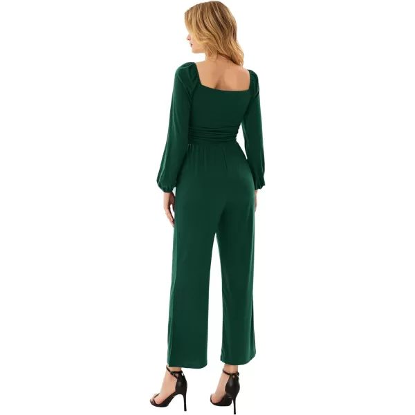 GRACE KARIN Women Casual Square Neck Long Sleeve Wide Leg Jumpsuits with PocketsGreen