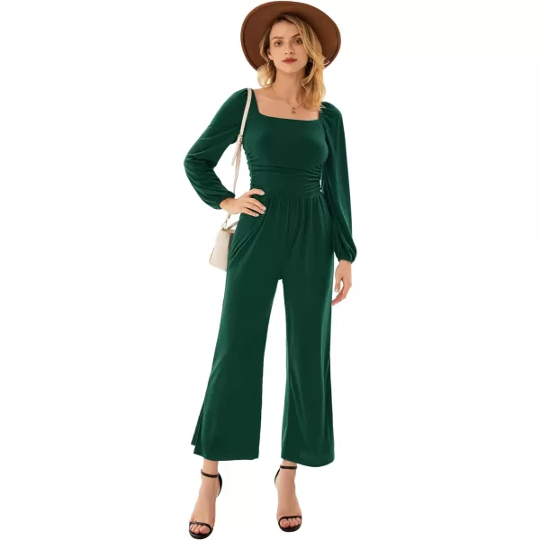 GRACE KARIN Women Casual Square Neck Long Sleeve Wide Leg Jumpsuits with PocketsGreen