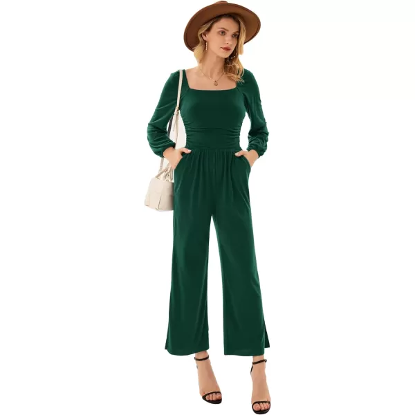 GRACE KARIN Women Casual Square Neck Long Sleeve Wide Leg Jumpsuits with PocketsGreen