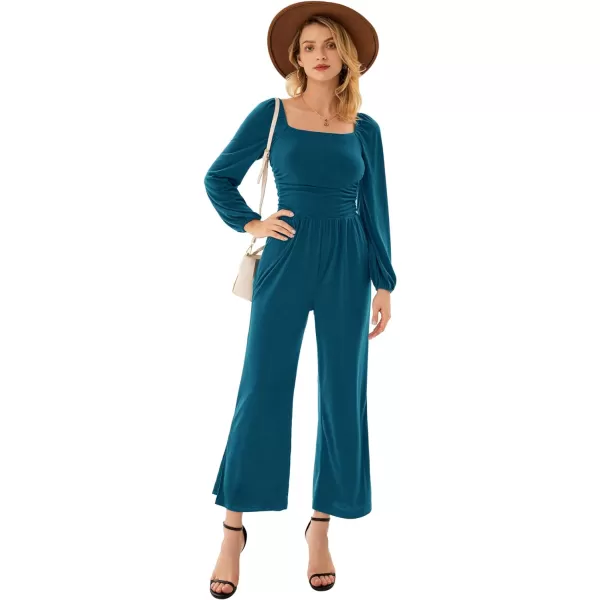 GRACE KARIN Women Casual Square Neck Long Sleeve Wide Leg Jumpsuits with PocketsTeal