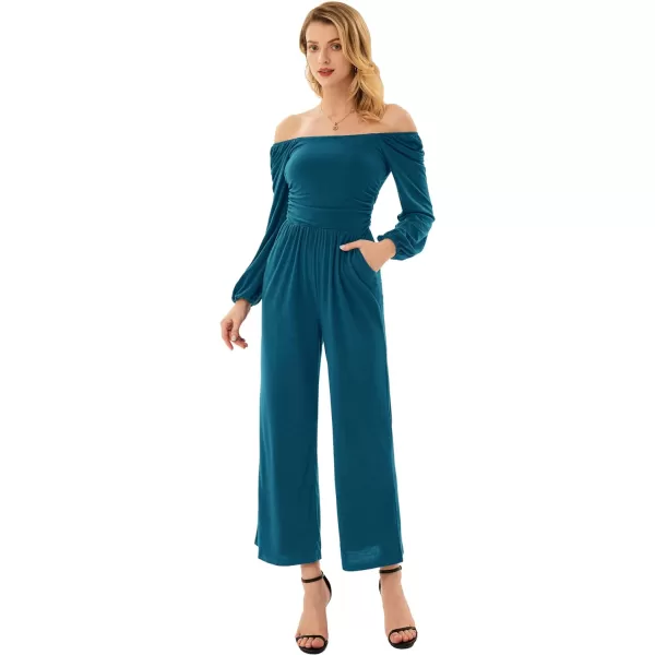 GRACE KARIN Women Casual Square Neck Long Sleeve Wide Leg Jumpsuits with PocketsTeal