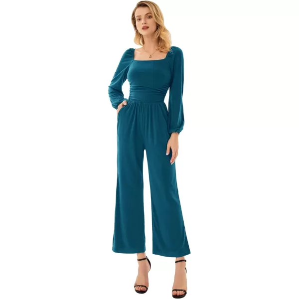 GRACE KARIN Women Casual Square Neck Long Sleeve Wide Leg Jumpsuits with PocketsTeal