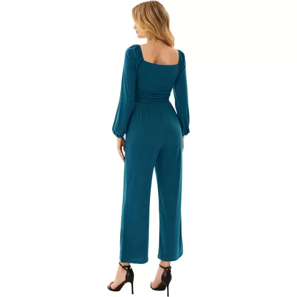 GRACE KARIN Women Casual Square Neck Long Sleeve Wide Leg Jumpsuits with PocketsTeal