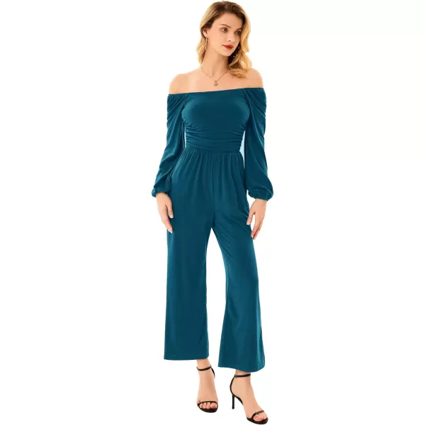 GRACE KARIN Women Casual Square Neck Long Sleeve Wide Leg Jumpsuits with PocketsTeal