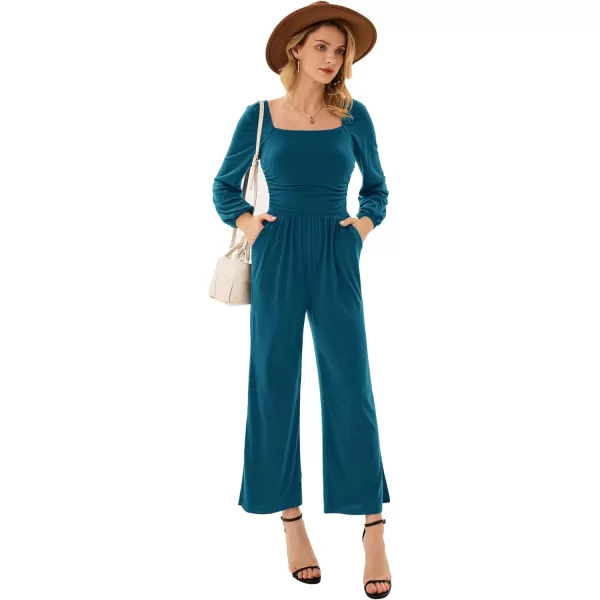 GRACE KARIN Women Casual Square Neck Long Sleeve Wide Leg Jumpsuits with PocketsTeal