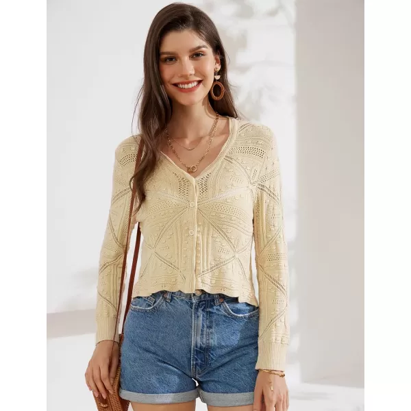 GRACE KARIN Women Crochet Cropped Cardigan Casual Elegant Lightweight Button Sweater Long Sleeve HollowedOut Shrug TopsBeige